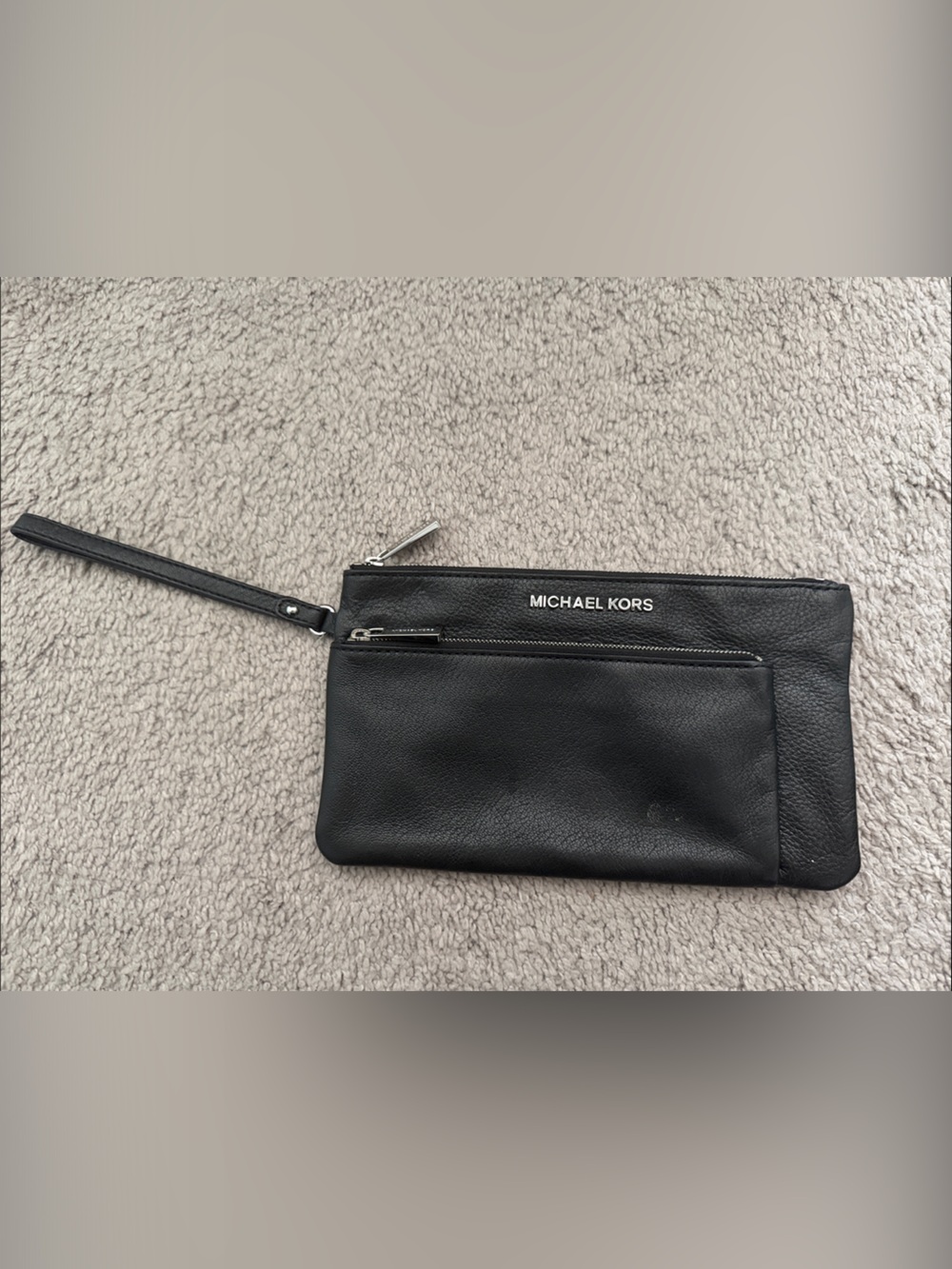 Michael Kors Black Leather Wristlet Pouch with Zip Detail